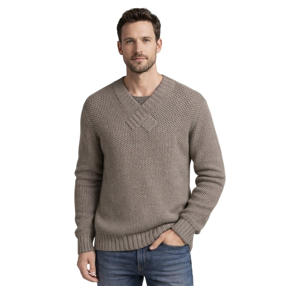 ADIDAS SLVR Mens V Neck Knit Sweater Lambswool Large Cashmere Blend Gray Taupe